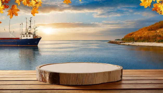 autumn podium table top against the background of sea and fishing ship