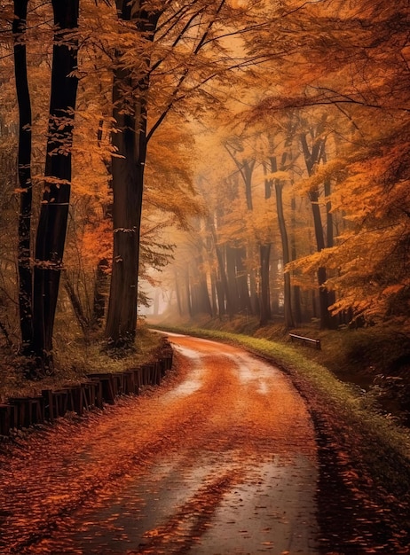 大きなキャンバス形式の紅葉のあるポーランドの秋の道