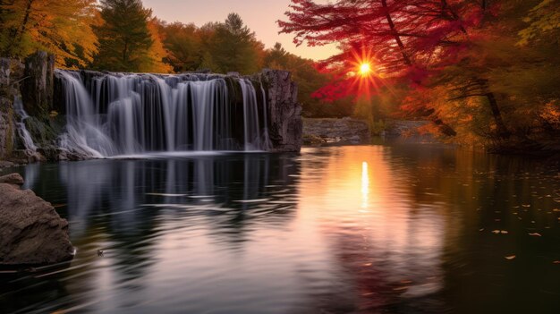 Photo autumn pond and waterfall in nature with sunrise background