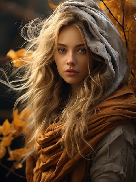 Autumn portrait of an attractive woman Fall the golden season of the year falling leaves romance elegance stylish clothes presentable Fashion trend beautiful combination of colors