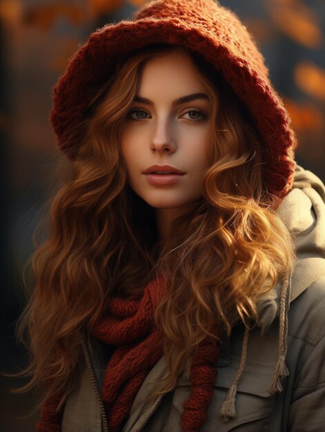 Autumn portrait of an attractive woman Fall the golden season of the year falling leaves romance elegance stylish clothes presentable Fashion trend beautiful combination of colors