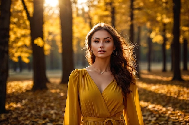 Autumn portret van jonge vrouw in gele gekleurde jurk in het herfstseizoen park met bladeren lopen in na