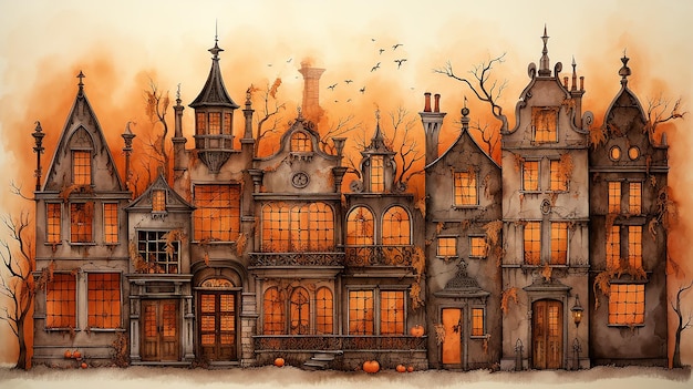 秋のポストカード ハロウィンのために装飾された家の正面 オレンジ色の柔らかい色 パステル色の明るい秋の背景