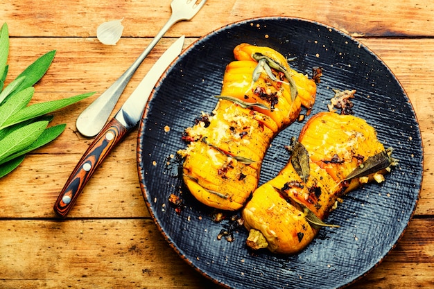 Autumn pumpkin roasted with sage, thyme and garlic. Pumpkin baked with herbs on the plate