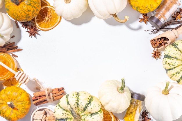 Autumn pumpkin spice baking and drink ingredients