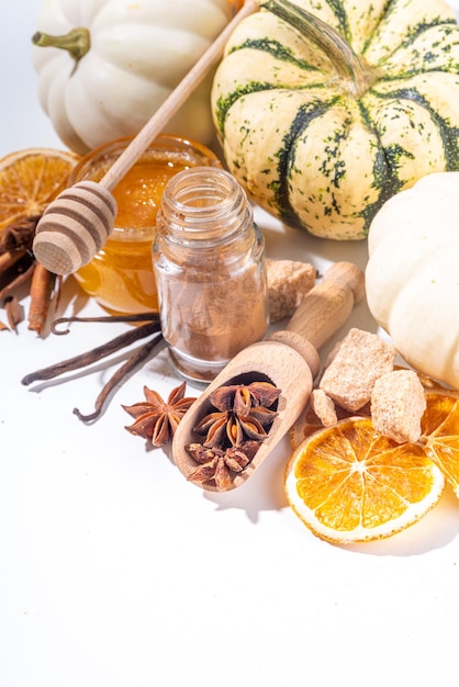 Autumn pumpkin spice baking and drink ingredients