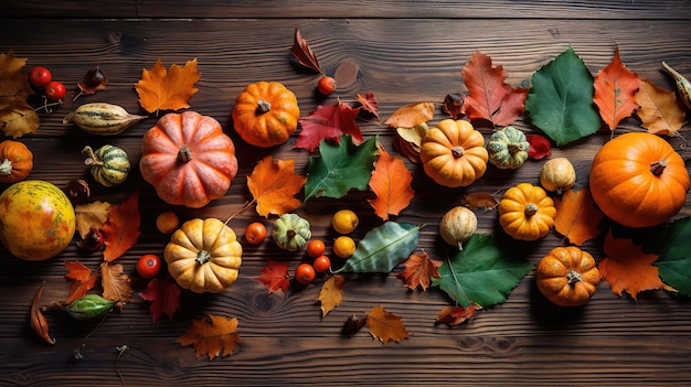 Autumn pumpkins and leaves on a dark wooden table for Thanksgiving and Halloween View from above Panoramic Generative AI illustration