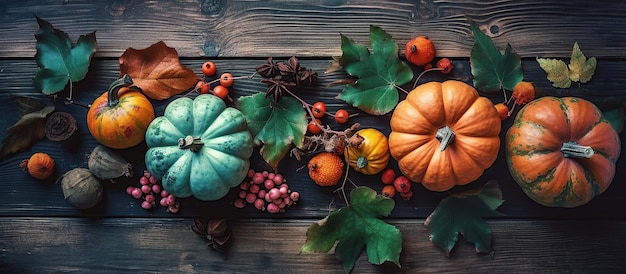 Autumn pumpkins for Thanksgiving and Halloween on a dark wood table background View from above The panorama is a generative AI illustration