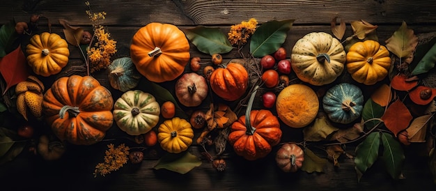 Autumn pumpkins for Thanksgiving and Halloween on a dark wood table background View from above The panorama is a generative AI illustration