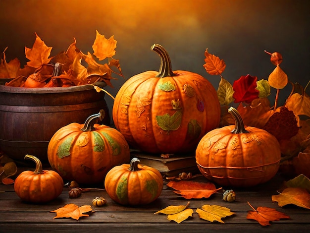 Autumn pumpkins with leaves