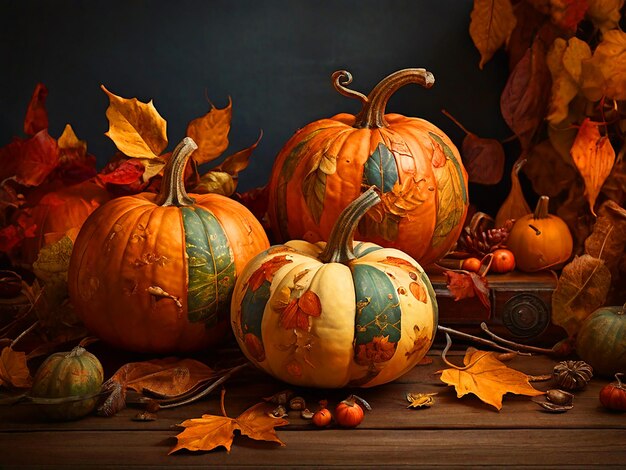 Autumn pumpkins with leaves