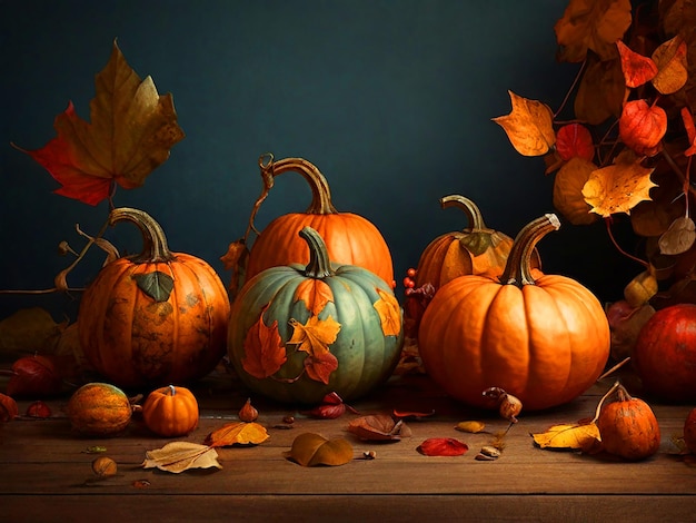 Autumn pumpkins with leaves