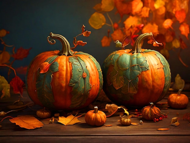 Autumn pumpkins with leaves