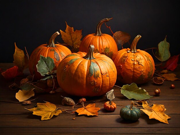 Autumn pumpkins with leaves