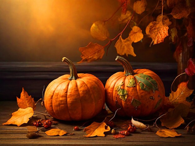 Autumn pumpkins with leaves