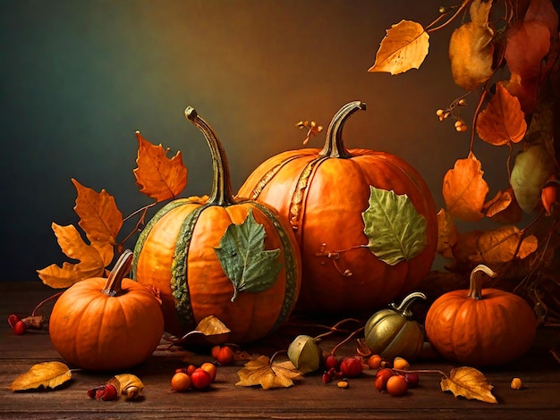 Autumn pumpkins with leaves