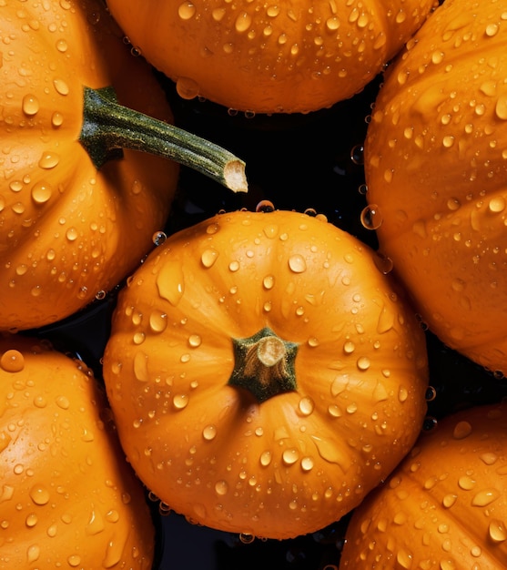 Autumn pumpkins with water drops on black background top view