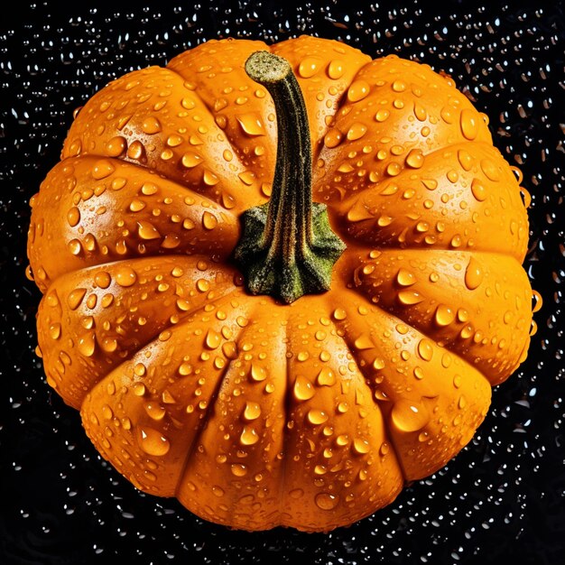 Autumn pumpkins with water drops on black background top view