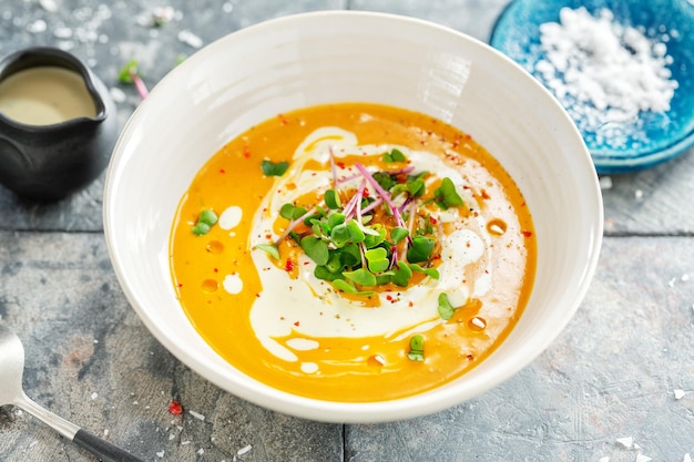 Autumn puree vegan soup with pumpkin and ginger in bowl served on bright background. Closeup