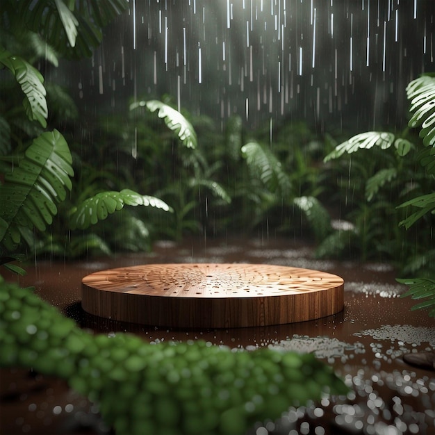 Autumn rain forest with wooden disc podium