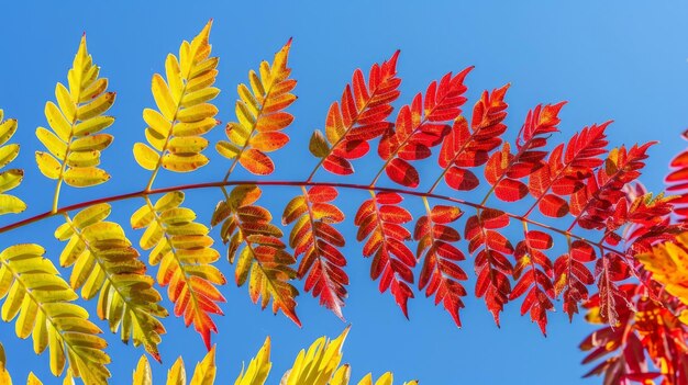 Rhus typhina Staghorn sumac의 가을의 빨간색과 노란색 색상 하늘에 sumac의 Anacardiaceae 잎