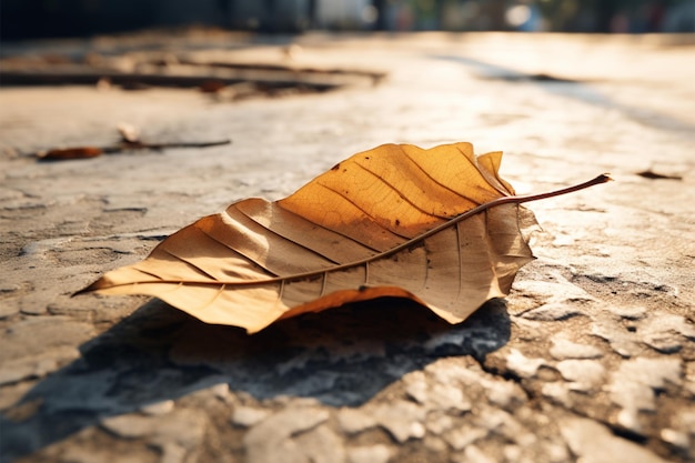 Foto resti d'autunno una foglia di mango secca poggia graziosamente sul pavimento di cemento