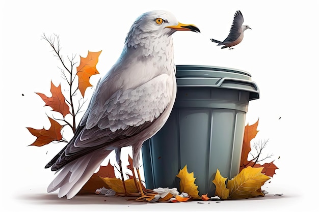 An autumn ring billed gull perches on a park trash can