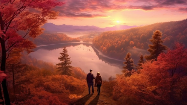 autumn river couple admiring the scenery