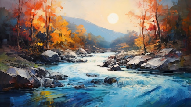 Autumn River Painting By Lyubov Lavrovski Uhd Image In Light Blue And Orange