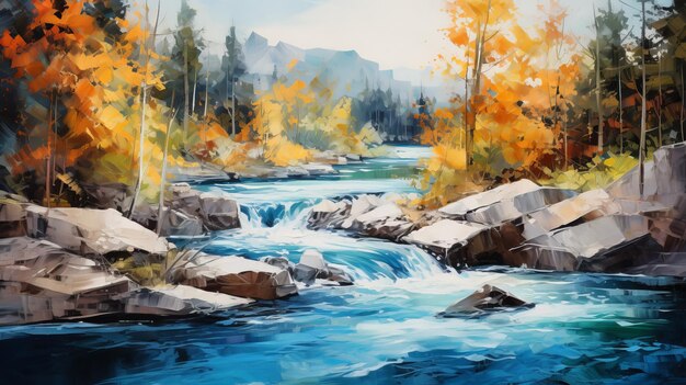 Autumn River Painting In The Style Of Brent Heighton