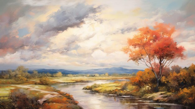 Photo autumn river a stunning oil painting by mark lovett