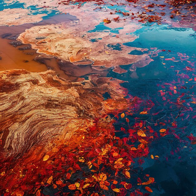 Foto texture della superficie del fiume in autunno con alghe e foglie cadute