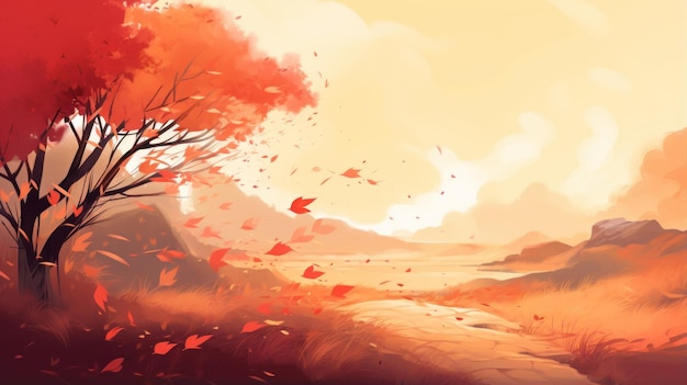 가을의 강 풍경 그래픽 노벨은 애니메이션 스타일의 그림에 영감을 주었습니다.