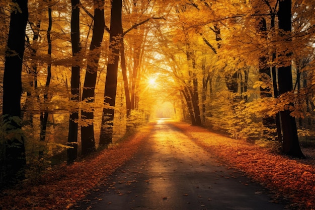夕暮れの森の秋の道 美しい秋の風景 AI生成による、紅葉に覆われた道と、金色の葉を照らす暖かい光で秋の森の風景を表現