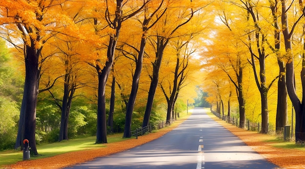 Осенняя дорога с желтыми деревьями в парке Осенний пейзаж