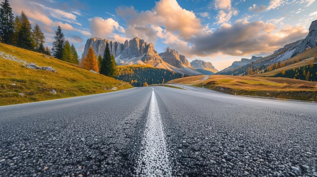 Photo autumn roads scenic route through dolomites national park with mountain views