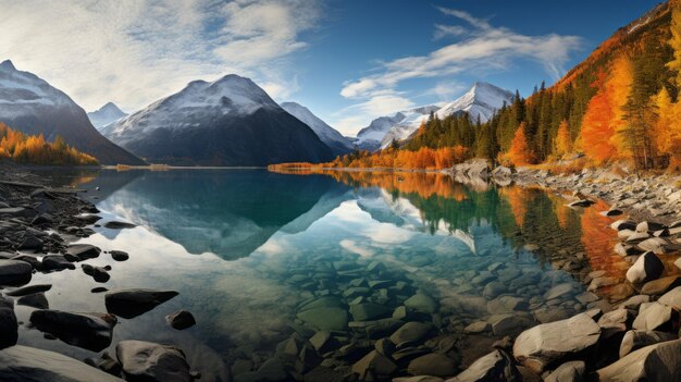 Photo autumn rocks impressive panoramas of serene lakeside in max rive style