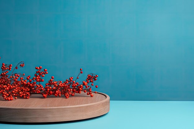 Autumn rowan berries atop wood podium on blue background Conceptual stage display viewed from above