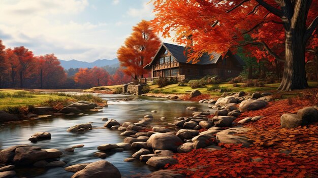 Autumn rural landmark with maple river and house