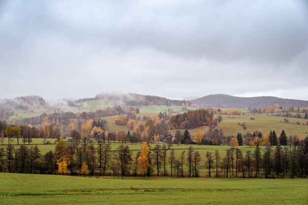 Autumn rural panorama with a view of the village, trees and fields.