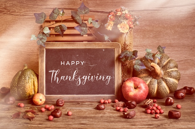 Photo autumn rustic decorations, text happy thanksgiving