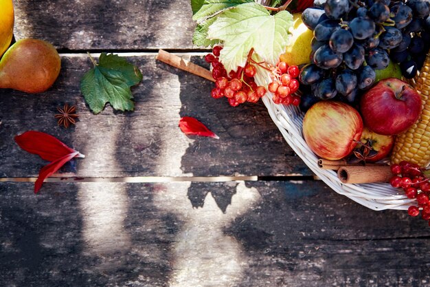 Foto autunno rustico natura morta uva pere viburno e bastoncini di cannella con decorazioni alla moda su tavola in legno concetto di giorno del ringraziamento sfondo autunnale all'aperto