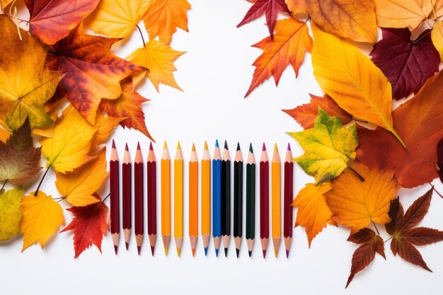 Autumn's artistic tapestry colorful ball pens pencils and stationery dancing with thrown leaves a