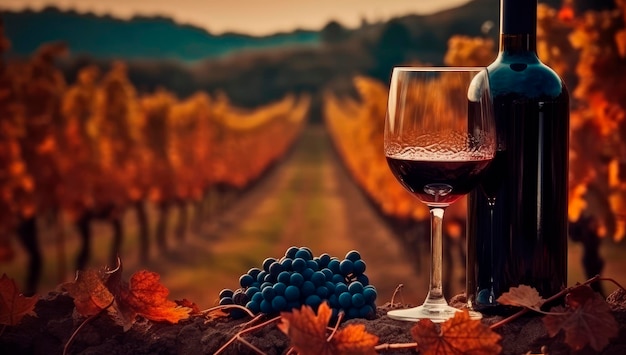 Autumn's Delight Boeiende tafel met rode wijn en druiven bij een oogstseizoen in een wijngaard