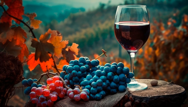 Photo autumn's delight captivating red wine and grapes table by a vineyard harvest season