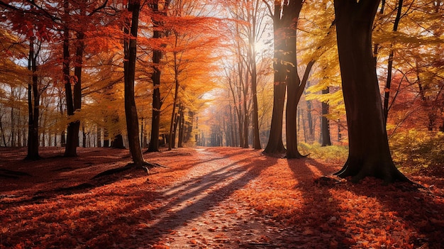 가을 의 포옹 평화로운 숲 은 쓰러진 잎 으로 여 있다