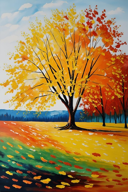 Autumn's Palette An Abstract Style Oil Painting of a Colorful Autumn Tree in a Landscape