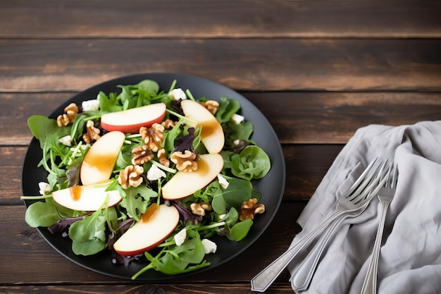 Autumn salad with apples and walnuts on wooden table generative ai