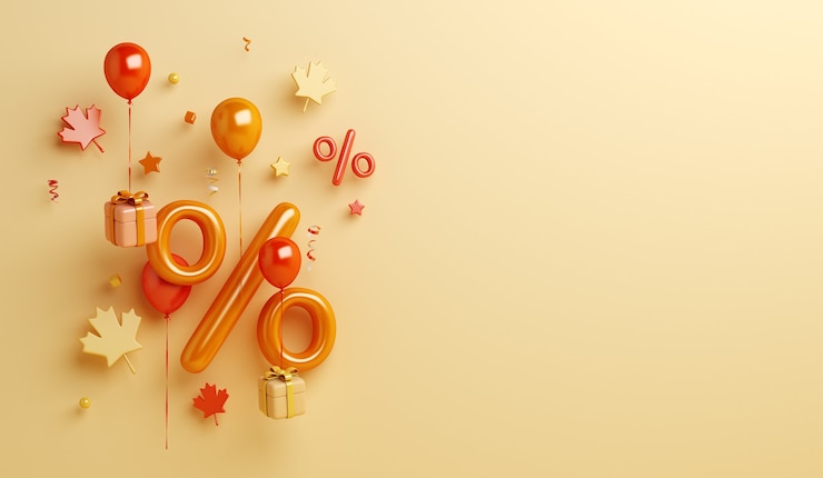 Photo autumn sale background with percent symbol balloon maple leaves gift box