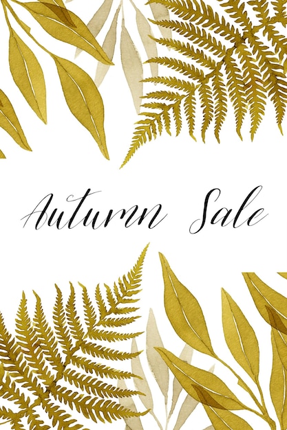 Foto modello dell'insegna di vendita di autunno nell'illustrazione botanica delle foglie e delle felci dell'eucalipto dell'acquerello